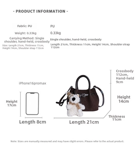 Deep brown bucket bag size comparison with dimensions and white bear charm