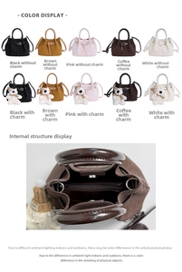 Detail view of woven texture leather bucket bag with internal zipper pocket and handles