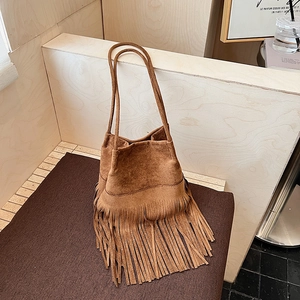 Juego de Bolso Bombonera Retro de Antelina para Mujer Con Flecos Largos Estilo Bohemio Color Sólido Bolso de Hombro Y Estuche