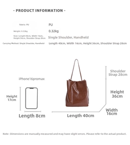 Size chart showing large capacity brown PU leather tote bag with product dimensions