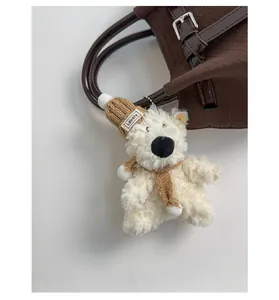 Close-up of cute white teddy bear plush charm with brown knit hat and Lovely label