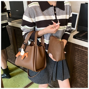 Korean style retro bucket bag set with pouch and charm, fashion PU leather handbag.