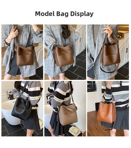Collage of model wearing minimalist bucket bags in various colors with white stitching