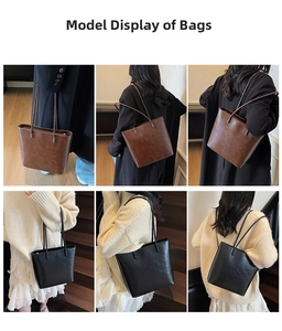 Detailed views of minimalist dark leather tote bag showing crossbody and shoulder carrying