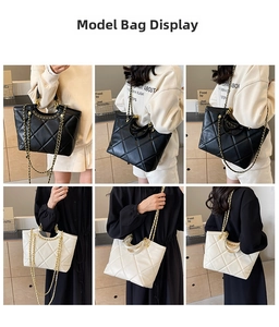 Detail shots of quilted tote bags in black and white with golden chain straps