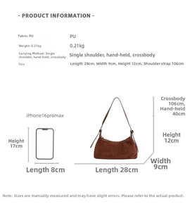 Detailed view of brown matte PU bag with dimensions and phone size comparison