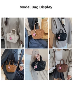 Multiple views of mini handbags with heart charms shown in various street style outfits