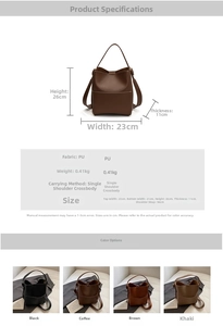 Detail view of the modern bucket bag featuring dimensions, PU material and color options