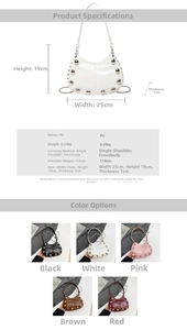 Detailed dimensions and color options for the half-moon rivet PU crossbody bag