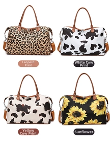 Detailed grid showing leopard, cow, and sunflower print large capacity duffle bags