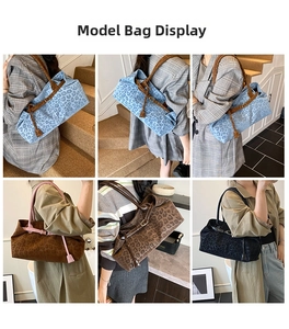 Dettagli della borsa tote leopardata in vari colori con esposizione del modello