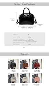 Detailed size chart and specifications for the PU shell shoulder bag showing dimensions