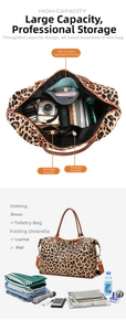 Detail view of leopard travel bag with separate wet-dry compartments for gym and yoga items