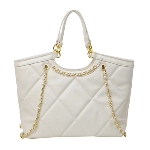 Minimalist beige quilted tote bag with golden chain strap and rhombus stitching