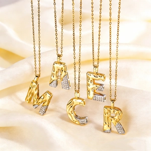 Initial Letter Necklace Copper Gold Plated Cubic Zirconia Two Tone Hammered Texture Alphabet Pendant Jewelry Women Gift
