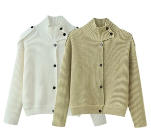Detail of vertical rib-knit texture and contrasting buttons on women's knit cardigans