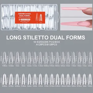 Size chart for 256 dual nail forms showing 16 dimensions for long stiletto and arched almond shapes