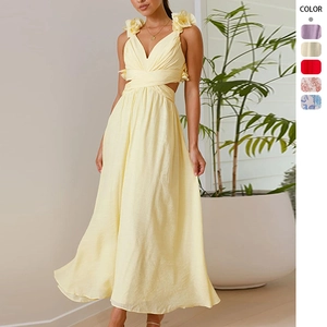 Abito Maxi Estivo Da Donna Poliestere Scollo A V Schiena Scoperta Allacciato Vita Scavata Volant Senza Maniche Floreale Elegante Spiaggia Vacanza Sexy