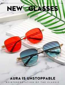 Detail of square steampunk sunglasses with metal spring hinge and colored lenses