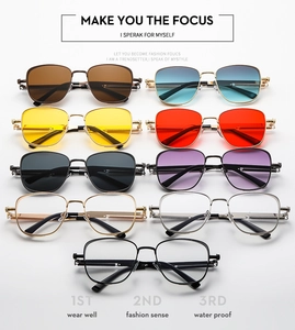 Matrix display of retro square steampunk sunglasses in nine different color variants