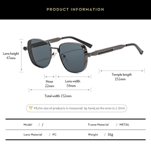 Detailed technical diagram showing specific dimensions and weight of metal steampunk sunglasses