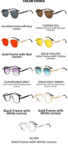Detailed grid of vintage square steampunk metal sunglasses in various frame and lens colors