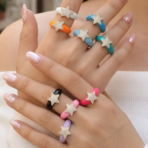 Fashion Star Enamel Open Ring For Women Adjustable Copper Gold Plated Zirconia Inlaid Colorful Statement Ring Jewelry