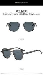 Front and 45-degree angle view of square steampunk sunglasses in gunmetal finish