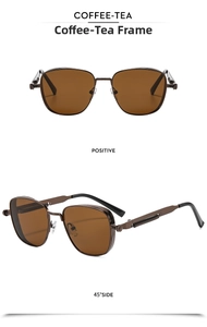 Steampunk rectangular sunglasses with brown lenses and industrial spring hinge details