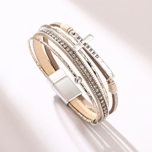 Bohemia Multi-layer Wrap Bracelet PU Leather Alloy Rhinestone Blessed Cross Heart Tree Of Life Magnetic Clasp Women