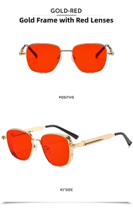 Macro view of gold metal steampunk sunglasses frame with spring detail and red lens