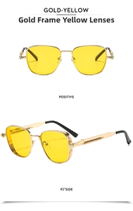 Steampunk rectangular metal sunglasses featuring gold frames and yellow lenses detail
