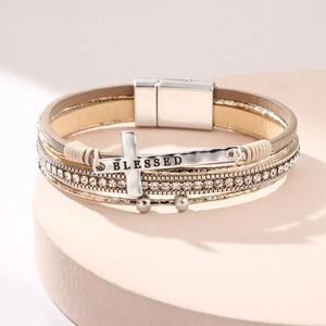 Bohemian multi-layer PU leather bracelet with silver BLESSED cross and magnetic clasp