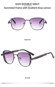 Detail view of steampunk gunmetal sunglasses with spring temples and purple gradient lenses
