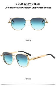 Detail view of gold steampunk square frame sunglasses with gradient gray-green lenses