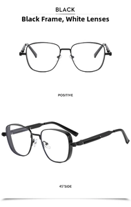 Detail of black steampunk square frame sunglasses with industrial metal spring hinge details