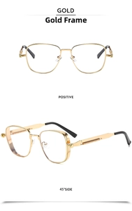 Detailed views of gold metal steampunk square frame glasses with clear lenses