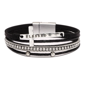 Bohemian multilayer black leather bracelet with silver cross and sparkling crystals