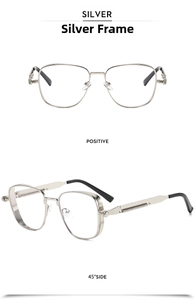 Silver steampunk square frame glasses with unique spring metal temples and clear lenses
