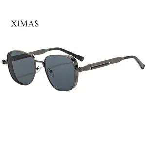 Macro detail of gunmetal steampunk sunglasses showing precision spring hinge mechanism