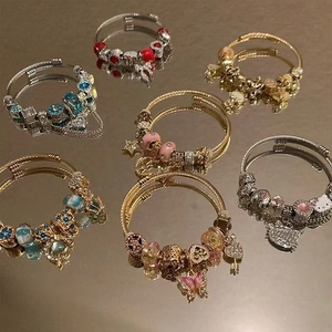 Charm Bracelet Stainless Steel Twisted Cable DIY Handmade Enamel Rhinestone Heart Star Moon Pendant Jewelry Women Girls