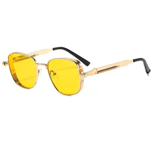 Detail of vintage steampunk sunglasses featuring gold metal frame and spring temple design