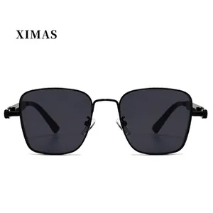 Steampunk rectangular black metal frame sunglasses with dark grey polarized lenses