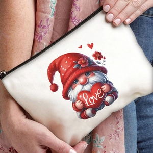 Thick canvas makeup bag with Valentine's gnome print and secure black zipper closure