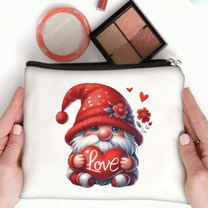 White canvas makeup bag with Valentine's Day gnome and Love heart graphic print