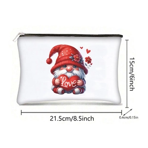 Portable canvas gnome love makeup bag with white zipper and detailed size markings