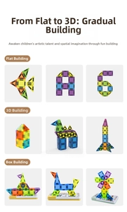 DIY magnetic building blocks showing 2D letters and 3D geometric shapes for kids