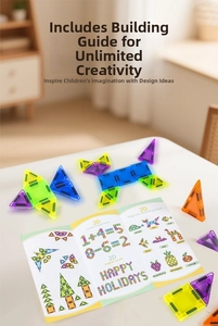 Close-up of colorful 3D magnetic tiles blocks with educational instruction manual