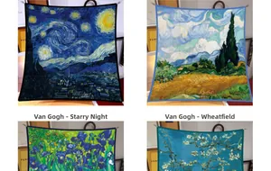 Detailed view of Van Gogh art scarves featuring Starry Night and Wheatfield prints