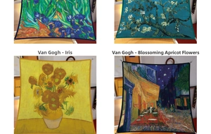 Detailed close-up of Van Gogh oil painting patterns on luxury silk square scarves